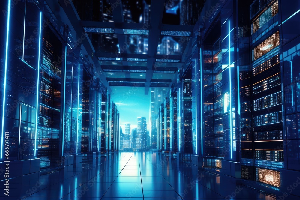 Poster 3d rendering of server room data center with bright blue lights, it server and modern digital fortre