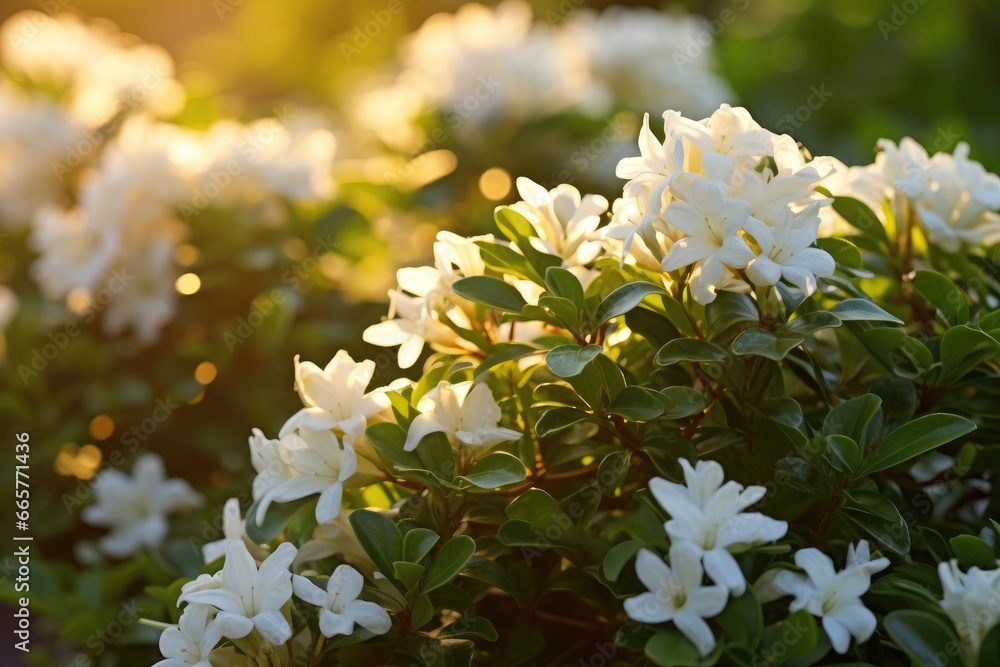 Canvas Prints White rhododendron flowers in the garden on sunset, jasmine bush in warm sunset light, AI Generated