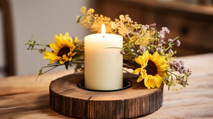 A rustic wooden candle holder adorned with wildflowers, blending nature's charm with candlelit warmth in a cozy farmhouse