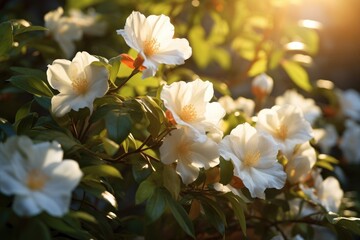 Beautiful white rhododendron flowers in the sunlight, jasmine flowers in a garden, AI Generated