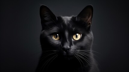 Closeup portrait black cat The face in front of eyes is yellow. Halloween black cat Black background