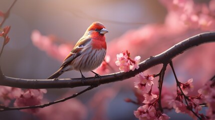 A vibrant male finch perched on a blooming branch, its feathers ablaze with crimson and gold in the soft morning light.