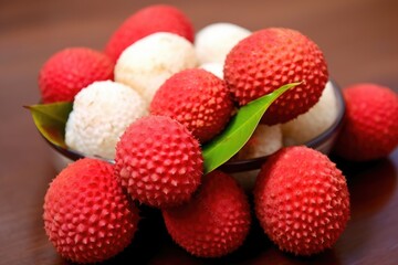 Lychee in a bowl on a wooden table, close up, Juicy indulgence A tantalizing arrangement of litchi, AI Generated