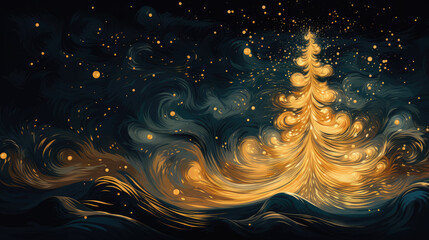 christmas background with christmas tree and golden lights