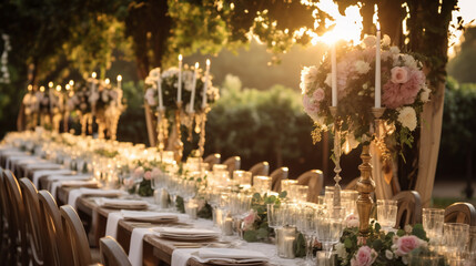 A romantic outdoor wedding reception with crystal candlesticks on each table, illuminating the love and joy of the occasion