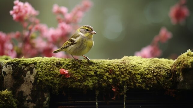 A female finch perched on a moss-covered stone wall, a picture of quiet contentment amid a garden in full bloom.