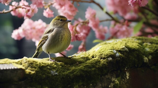 A female finch perched on a moss-covered stone wall, a picture of quiet contentment amid a garden in full bloom.