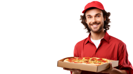 Pizza delivery guy with pizza isolated on transparent background
