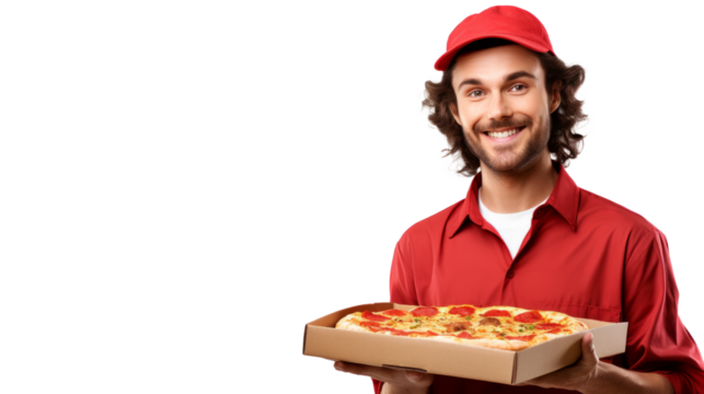 Pizza delivery guy with pizza isolated on transparent background - Powered by Adobe