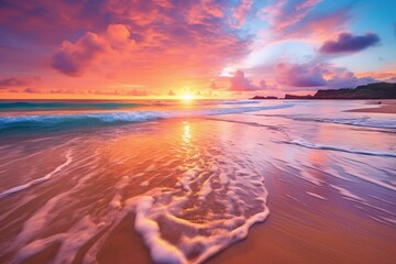 vibrant sunrise above sea and sandy shore. Generative AI