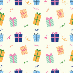 Gift box with ribbon cartoon seamless pattern background for wallpaper, wrapping, festive, christmas