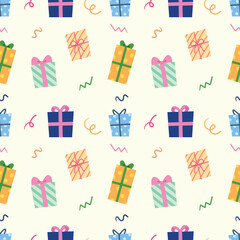 Gift box with ribbon cartoon seamless pattern background for wallpaper, wrapping, festive, christmas