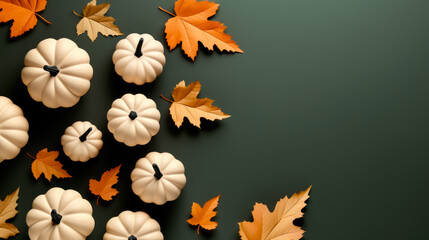 Obraz premium A bunch of pumpkins and leaves in the style of minimalist. Template for Happy Halloween banner with autumn elements