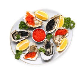 Plate of tasty oysters with lemon, black and red caviar on white background