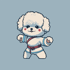 Cartoon illustration of cute Bichon Frise doing karate