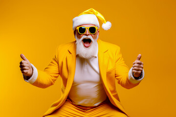 Portrait of happy senior man in Santa Claus hat and sunglasses on yellow background.
