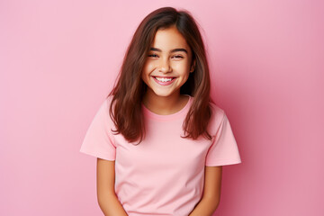 Portrait of a beautiful young woman smiling at camera while standing against pink background