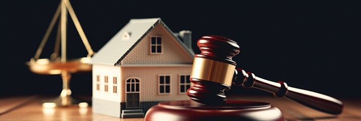 Real estate arbitration law. Gavel and house model. Banner