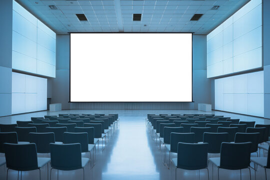 Spacious conference room with a blank screen 16:9 aspect ratio, rows of seating, 