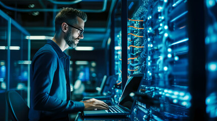 Handsome man in headphones working on laptop while sitting at office desk