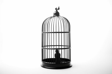 Conceptual idea of being confined within a black birdcage, isolated on a white background. Generative AI