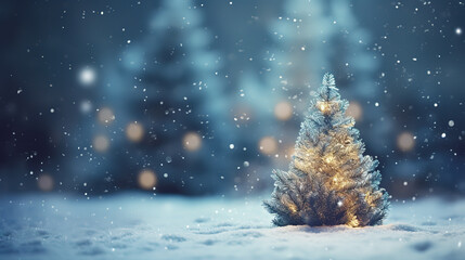 Christmas tree in the snow with blank for text