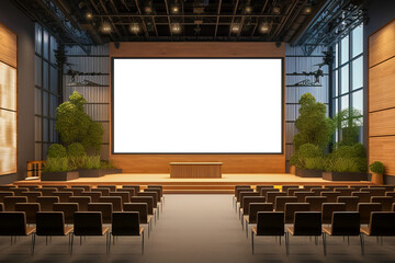 Modern conference room with Copy Space on large white screen with 16:9 aspect ratio, wooden accents, and indoor plants.
