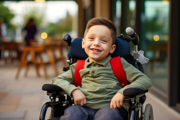 Portrait of a smiling little boy sitting in a wheelchair outdoors.