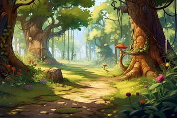 A cartoon summer scene of a forest or garden with a path, devoid of any individuals. An illustrated representation for children. Generative AI
