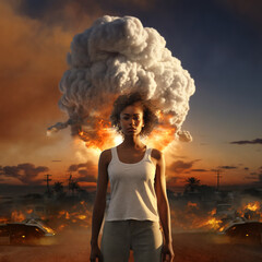 Beautiful African American girl in a white T-shirt against the background of an explosion