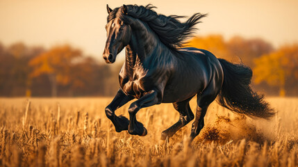 Fototapeta na wymiar galloping black stallion in a field