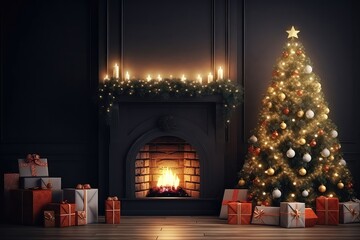 Beautifully Decorated Christmas Tree Near Cozy Fireplace Adorned With Lights - obrazy, fototapety, plakaty