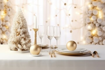 Beautifully Set White Christmas Dinner Table Adorned With Elegant Decorations