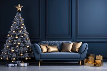 Bluethemed Christmas Interior Featuring Blue Walls, Sofa, And Golden Decorations