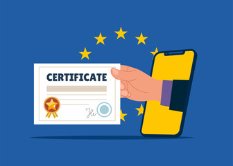 Fototapeta premium Hand holding or getting a certificate and award paper. Flat vector illustration