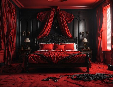 Red bdsm bedroom with bed and pillows