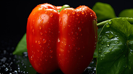 Red bell pepper on a black background with water drops. Close-up.