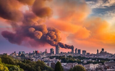 Smoke filled skies over a burning cityscape ai generated