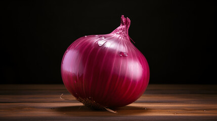 Red onion on a wooden table against a black background, still life