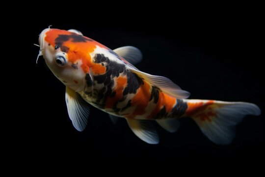 Closeup of isolated koi fish on black background. Generative AI