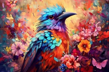 Bird and colorful flowers. Generative AI