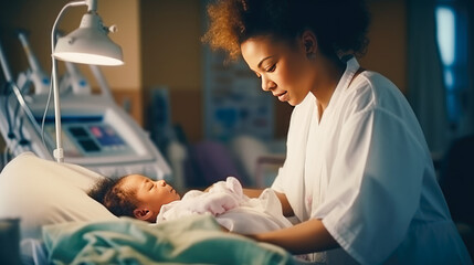Young african american female doctor holding newborn baby in hospital ward - obrazy, fototapety, plakaty