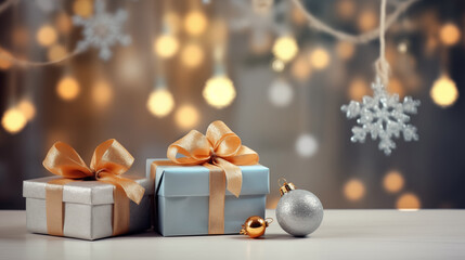 Christmas decorations background with gift boxes, sparkling bokeh and christmas tree branches