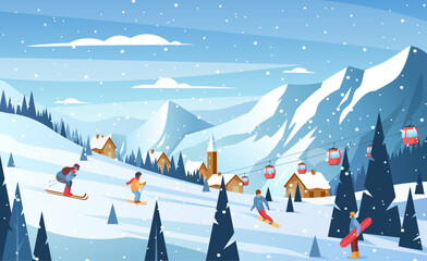 Winter mountain landscape.Vector illustration of ski resort with snowy hill, funicular, ski lift, skier, snowboard riders, field, forest.Outdoor holiday activity in Alps. Skiing and snowboarding sport - obrazy, fototapety, plakaty