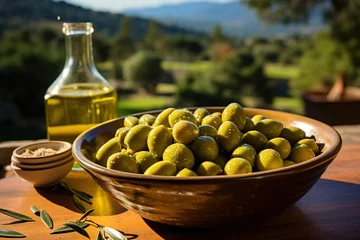 Fototapeten Green olives in a bowl with olive oil in the background, AI Generated © Mediapro