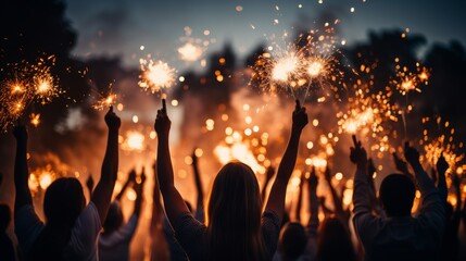 Celebrating New Year's Eve with a jubilant crowd, dazzling fireworks, and clinking champagne glasses - obrazy, fototapety, plakaty