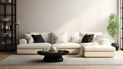 a curved, rounded knitted white sofa with black accents, featuring knitted cushions for added comfort.