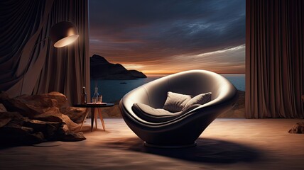 a stylish bean bag chair topped with a laptop computer, featuring elements inspired by the design aesthetics.