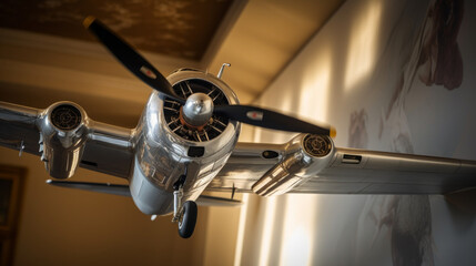 A model plane hanging from the ceiling, propellers whirring in the air