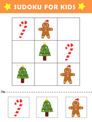 Fun christmas sudoku puzzle. Christmas sudoku logical reasoning activity for kids.  Children educational activity worksheet.